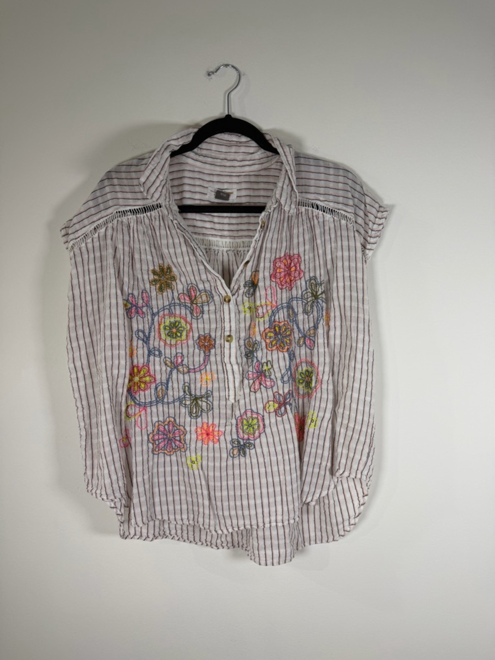 Anthropologie Striped Button-Up Blouse with Multicolor Floral Embroidery